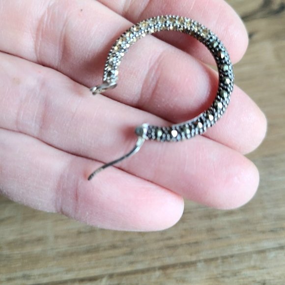 Sterling silver loops earrings with black and clear sparkly rhinestones. - Picture 6 of 6